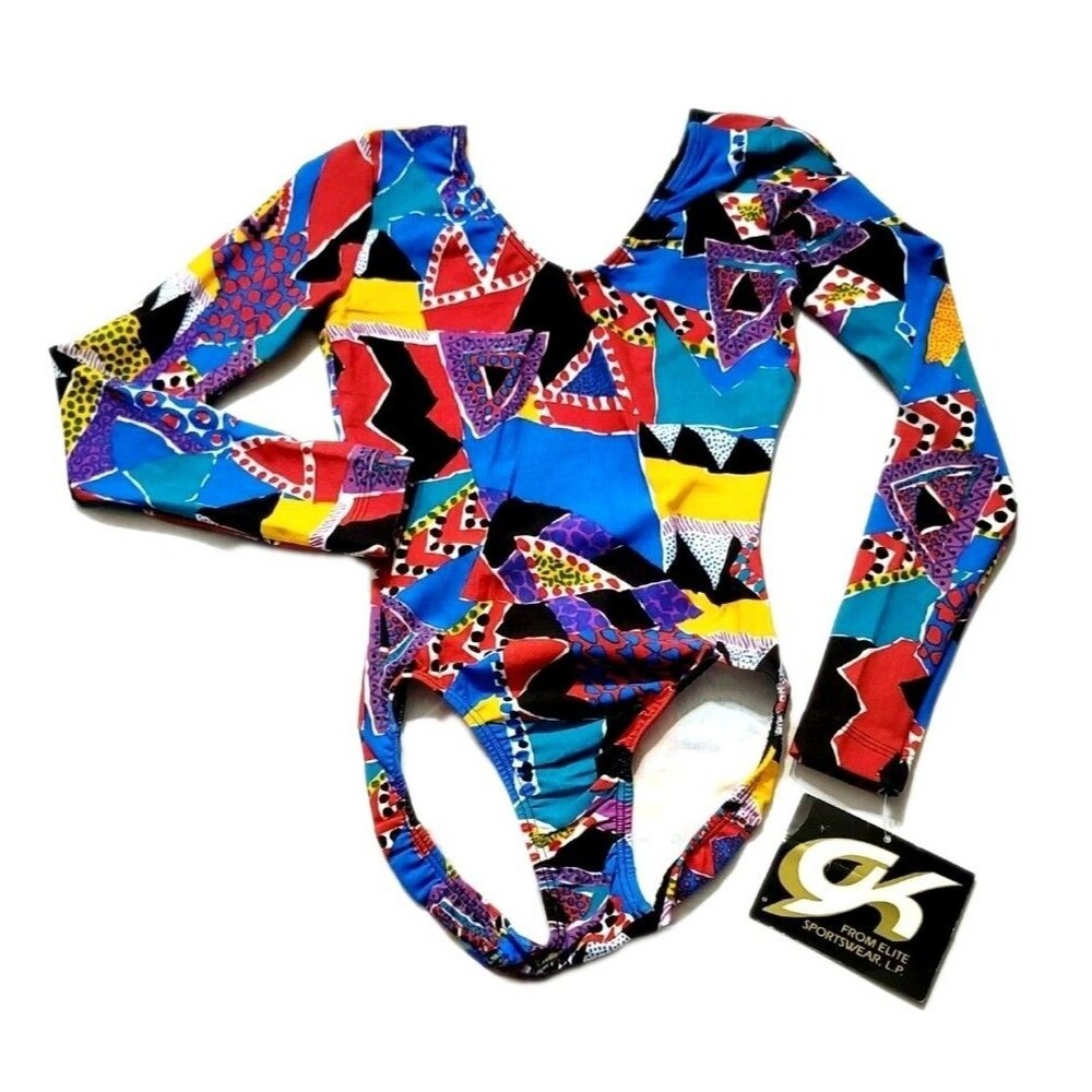 GK Elite VTG 90s Pop Culture Geometric LS Cotton Leotard Bodysuit AXS Adult XS